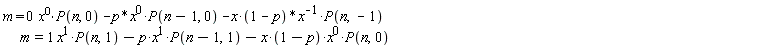 m = (0*x^0)*P(n, 0)-p*x^0*P(n-1, 0)-(x*(1-p)*(1/x))*P(n, -1)*m and (0*x^0)*P(n, 0)-p*x^0*P(n-1, 0)-(x*(1-p)*(1/x))*P(n, -1)*m = x*P(n, 1)-p*x*P(n-1, 1)-x*(1-p)*x^0*P(n, 0)