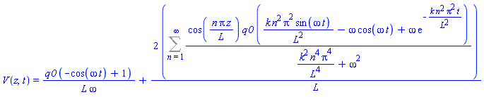 V(z, t) = q0*(-cos(omega*t)+1)/(L*omega)+2*(Sum(cos(n*Pi*z/L)*q0*(k*n^2*Pi^2*sin(omega*t)/L^2-omega*cos(omega*t)+omega*exp(-k*n^2*Pi^2*t/L^2))/(k^2*n^4*Pi^4/L^4+omega^2), n = 1 .. infinity))/L