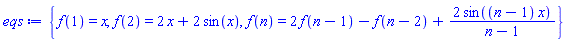 {f(1) = x, f(2) = 2*x+2*sin(x), f(n) = 2*f(n-1)-f(n-2)+2*sin((n-1)*x)/(n-1)}