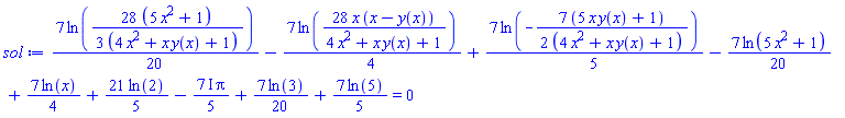 (7/20)*ln((28/3)*(5*x^2+1)/(4*x^2+x*y(x)+1))-(7/4)*ln(28*x*(x-y(x))/(4*x^2+x*y(x)+1))+(7/5)*ln(-(7/2)*(5*x*y(x)+1)/(4*x^2+x*y(x)+1))-(7/20)*ln(5*x^2+1)+(7/4)*ln(x)+(21/5)*ln(2)-((7/5)*I)*Pi+(7/20)*ln(3)+(7/5)*ln(5) = 0