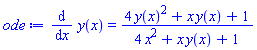 diff(y(x), x) = (4*y(x)^2+x*y(x)+1)/(4*x^2+x*y(x)+1)