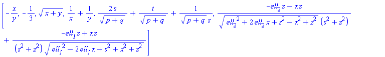 [-x/y, -1/3, (x+y)^(1/2), 1/x+1/y, 2*s/(p+q)^(1/2)+t/(p+q)^(1/2)+1/((p+q)^(1/2)*s), (-ell__2*z-x*z)/((ell__2^2+2*ell__2*x+s^2+x^2+z^2)^(1/2)*(s^2+z^2))+(-ell__1*z+x*z)/((s^2+z^2)*(ell__1^2-2*ell__1*x+s^2+x^2+z^2)^(1/2))]