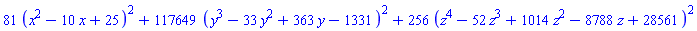 81*(x^2-10*x+25)^2+117649*(y^3-33*y^2+363*y-1331)^2+256*(z^4-52*z^3+1014*z^2-8788*z+28561)^2