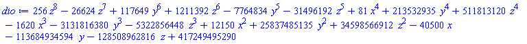 256*z^8-26624*z^7+117649*y^6+1211392*z^6-7764834*y^5-31496192*z^5+81*x^4+213532935*y^4+511813120*z^4-1620*x^3-3131816380*y^3-5322856448*z^3+12150*x^2+25837485135*y^2+34598566912*z^2-40500*x-113684934594*y-128508962816*z+417249495290